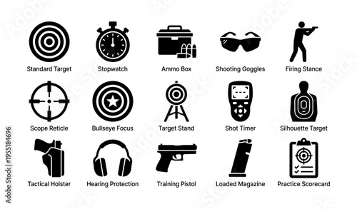 Shooting gear and target practice icons for firearms training equipment