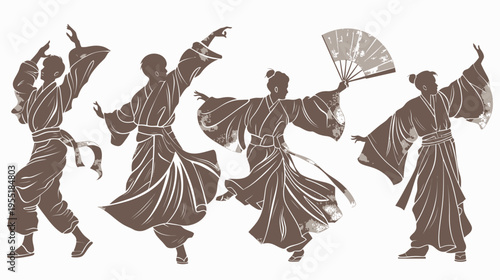 Four silhouetted dancers wearing traditional robes, in various poses against white