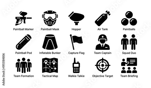 Paintball equipment icons including masks, markers, and tactical items