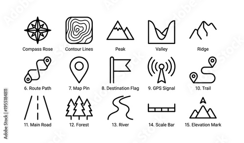Black and white icon set of topographic symbols including compass rose and route path