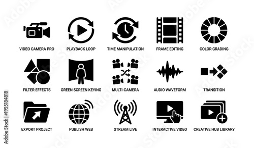 Video editing and production icons: camera, transition, audio, interactive, export