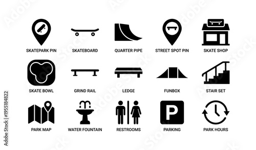 Skatepark icons set including skateboard, quarter pipe, grind rail, restrooms, and parking symbols