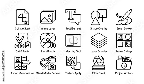 Graphic design icons set: tools for collage, image editing, and creative projects