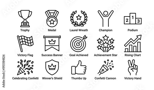 Icon set of awards and achievements featuring trophy medal laurel wreath and more