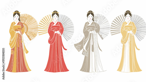 Four women in traditional Chinese dress, holding fans, colored differently, on a white background