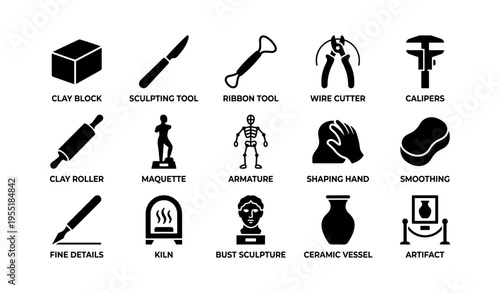 Clay sculpting tools icons set featuring maquette, armature, and ceramic vessel