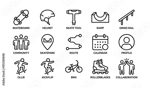 Skateboarding symbols set featuring helmet, skate tool, ramp, grind rail, community icons