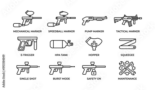 Paintball equipment: markers, safety gear, maintenance tools in outline icons