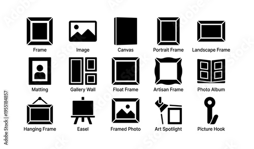 Types of picture frames and hanging tools icons set