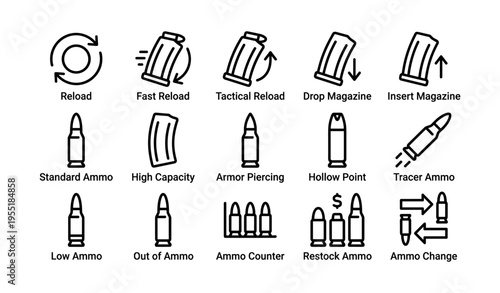 Ammunition and reloading icons set: fast, tactical, insert, drop, tracer