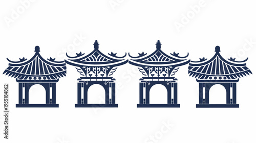 Four oriental pagodas with intricate roof designs, arranged in a repeating pattern