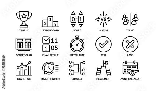 Sports competition icons: trophy, scoreboard, match timer, teams, statistics