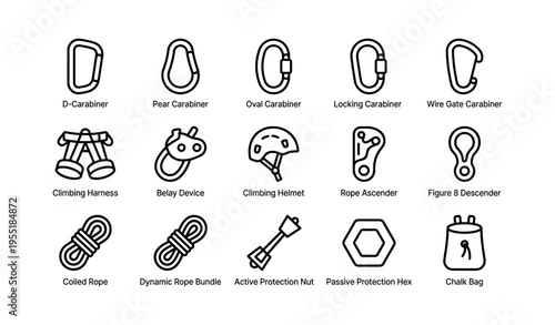 Climbing gear icons: carabiners, harness, helmet, rope, protection devices