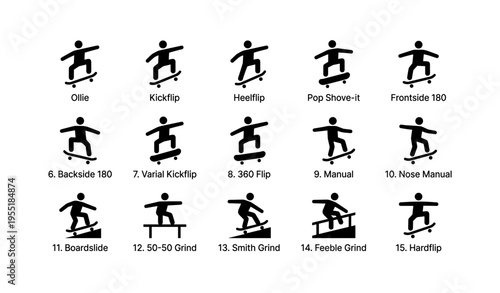 Skateboarding tricks icons: ollie, kickflip, grind, manual, shove-it, flips