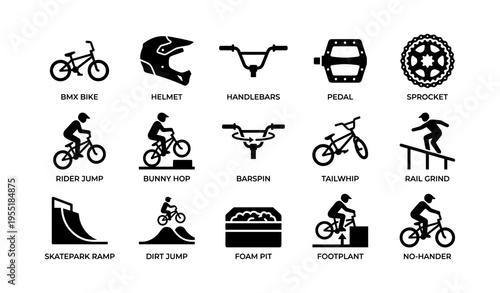 Bmx stunt icons featuring bike gear tricks and skatepark elements