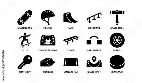 Essential skateboarding icons: skateboard, helmet, ramp, grind rail, skate tool