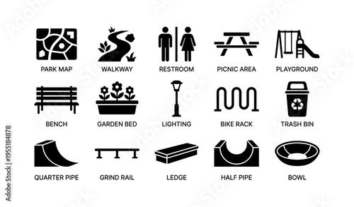 Park icon set with map, walkway, restroom, picnic, playground, bench, lighting