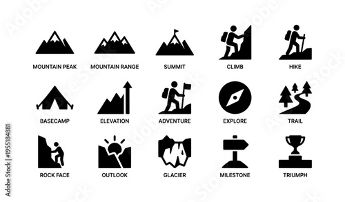 Series of icons depicting hiking and mountain adventure activities