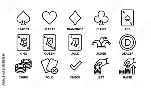 Poker symbols and icons: spades, hearts, diamonds, clubs, chips, cards
