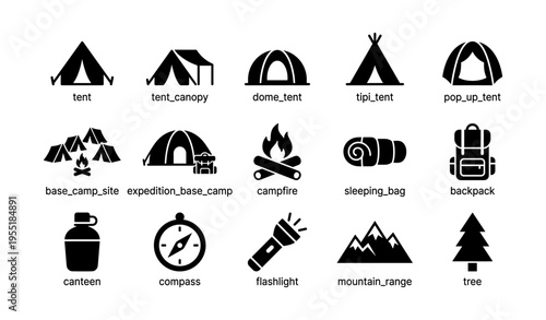 Camping icon set: tents, campfire, sleeping bag, backpack, mountain range, compass, flashlight