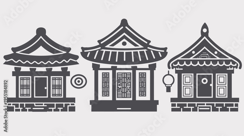 Minimalist flat illustration of three traditional Korean buildings, monochrome dark-gray on light background
