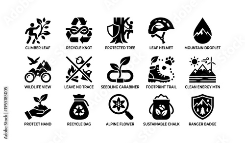 Outdoor adventure icons set: nature, conservation, hiking, outdoor activities