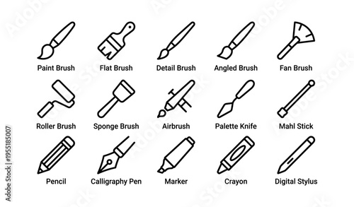 Art tools icons: paint brushes, pencils, pens, and crayons in black and white
