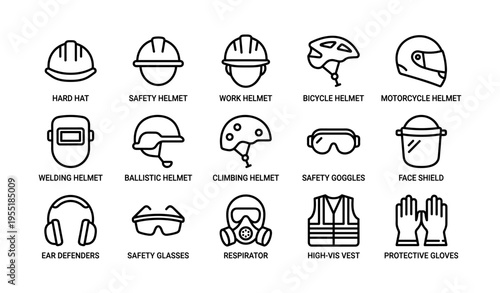 Different types of safety and protective gear icons collection