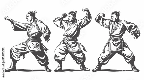 Three illustrations of martial artists in various fighting stances, monochrome art