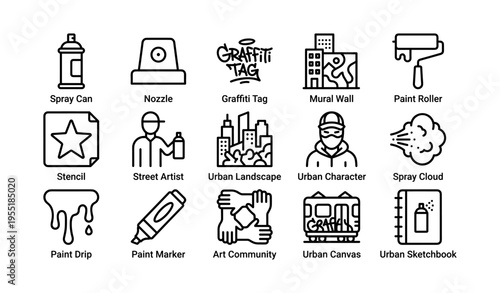 Urban street art icons featuring graffiti elements and tools