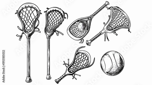 Monochromatic line art showing lacrosse sticks and ball arranged in a group on white