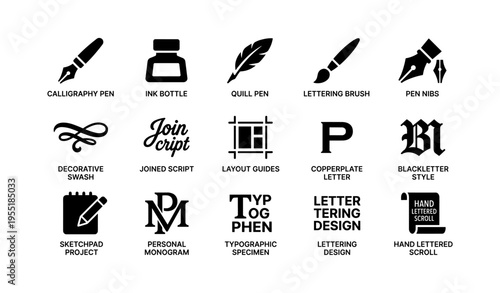 Calligraphy and lettering tools icons: pens, brushes, nibs, guides
