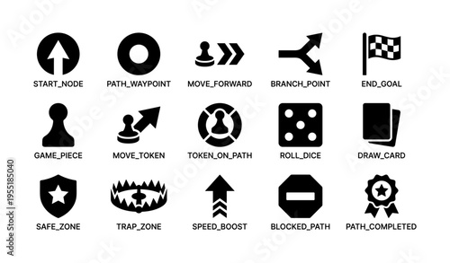 Game interface icon set showing paths, tokens, and goals