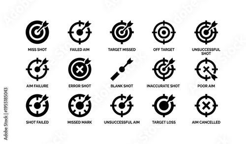 Set of target icons representing missed shots and aim failures in black and white