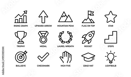Achievement icons: graphs, arrows, trophies, graduations, lightbulb, medals, rockets