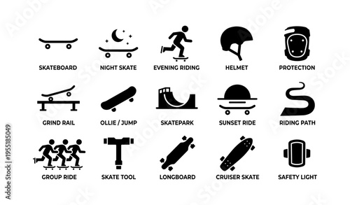 Skateboarding icons: tricks, safety gear, and fun activities