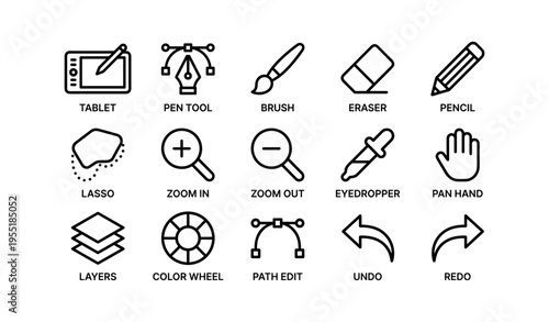 Digital design tools icons set for creative software applications