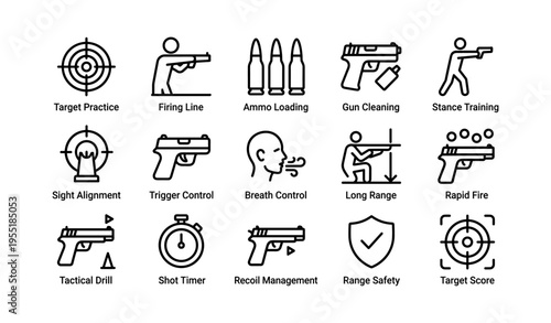 Firearm training icons: practice, safety, techniques, equipment, targeting illustrated