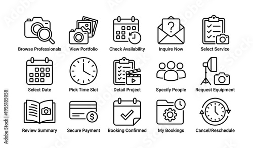 Icon set for booking services with calendar, camera, and checklist symbols
