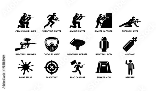 Silhouette icons of paintball players and equipment
