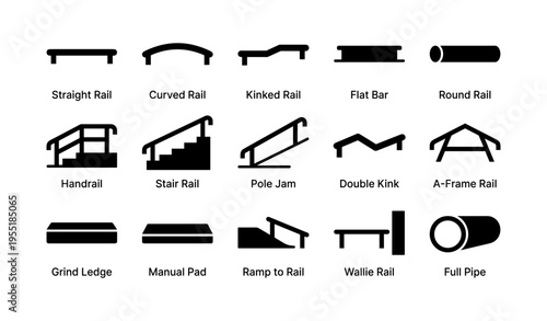 Skatepark rail and ledge icon set featuring various configurations