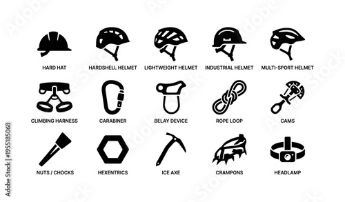Types of climbing helmets and gear icons for safety