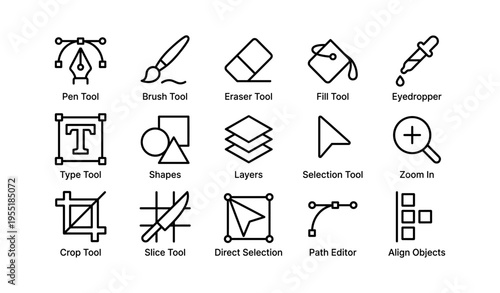 Graphic design icons: pen brush eraser fill eyedropper tools