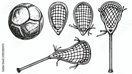 Monochrome line-art illustration showing a lacrosse ball and various lacrosse sticks
