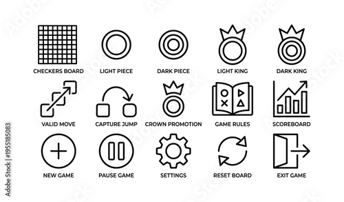 Checkers game interface icons: pieces, moves, settings, and controls