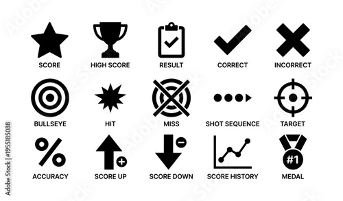 Sports icons set: score, target, accuracy, medal, trophy, correct, incorrect, bullseye
