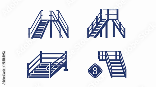 Four stair icons, navy, outlined, with railings. One includes keyhole sign