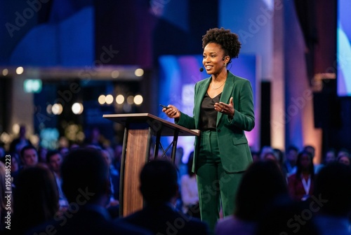 Confident female executive delivering a leadership speech on stage at a professional summit, captured with sharp focus and flattering lighting, showcasing a poised and engaging presence