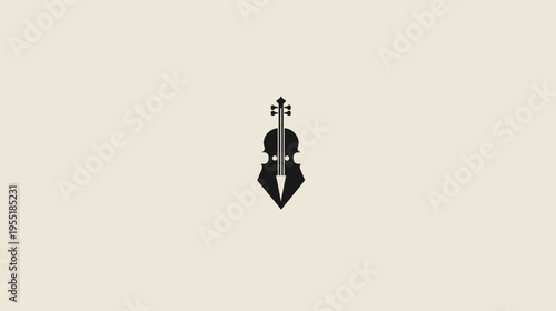 A minimalist illustration of a violin merged with a fountain pen nib against a neutral background