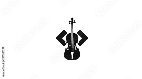 A monochrome violin graphic flanked by chevron-like shapes, set against a pristine white backdrop